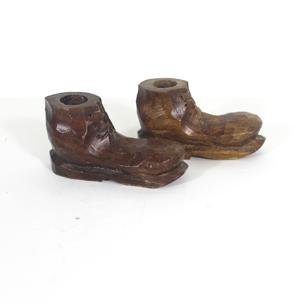 Vintage Folk Art Hand Carved Wood Boot Candleholders Rustic Primitive Cabin Deco